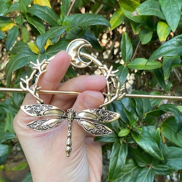 Cottagecore Gold Tone Dragonfly and Moon Hairpin Engraved details Hair A… - Picture 2 of 4